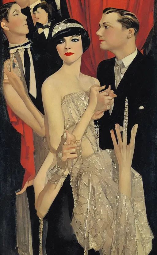 Image similar to an oil painting depicting high society life in the Jazz Age, Fitzgerald, 1920s style, The Great Gatsby, smooth, by Francis Coates Jones, Coles Phillips, Dean Cornwell, JC Leyendecker