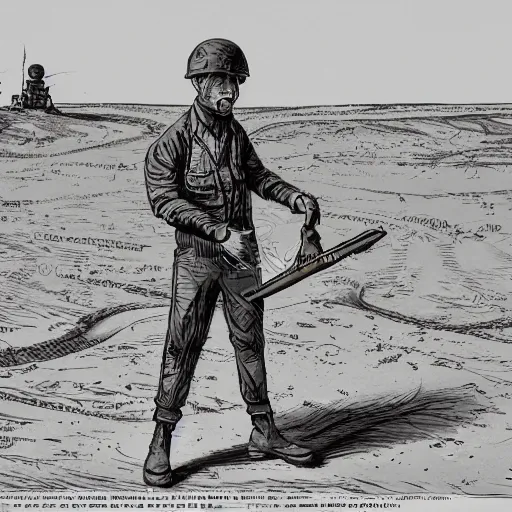 Image similar to in the distance, in the center of a large sand pit, there is a large golden ball in the sand, a broken excavator and a man in military uniform standing nearby, stylization of a book illustration, high - quality, depth of sharpness, focus on the object