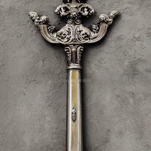 Image similar to sword of justice hanging on a wall, ornate gem in pommel