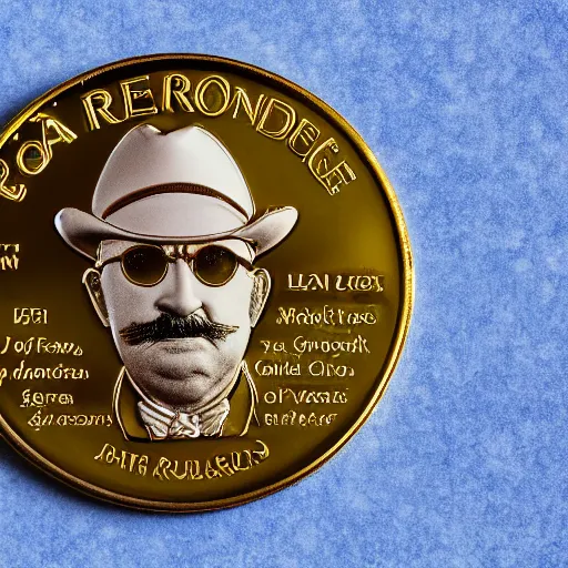 Image similar to A photograph of a delicious chocolate candy coin that is engraved with a portrait of leon redbone wearing a captain cap, highly detailed, close-up product photo, depth of field, sharp focus