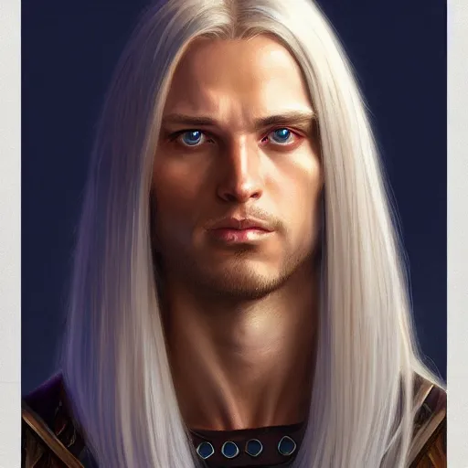 Image similar to 2 7 year old male with blue eyes and long straight blonde hair no beard as a fantasy d & d character, closeup portrait art by donato giancola and greg rutkowski, face, digital art, trending on artstation, symmetry!!