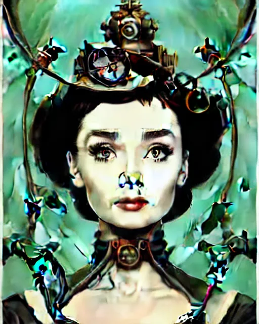 Prompt: in the style of joshua middleton, artgerm, beautiful audrey hepburn, steampunk, bioshock, full body green dress, elegant pose, middle shot, spooky, symmetrical face symmetrical eyes, three point lighting, detailed realistic eyes, insanely detailed and intricate elegant, underwater home