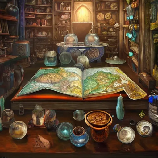 Image similar to hyper real, table, ancient map, wizards laboratory, tony sart, mortar, pestle, scales, energy flowing, magic book, beakers of colored liquid