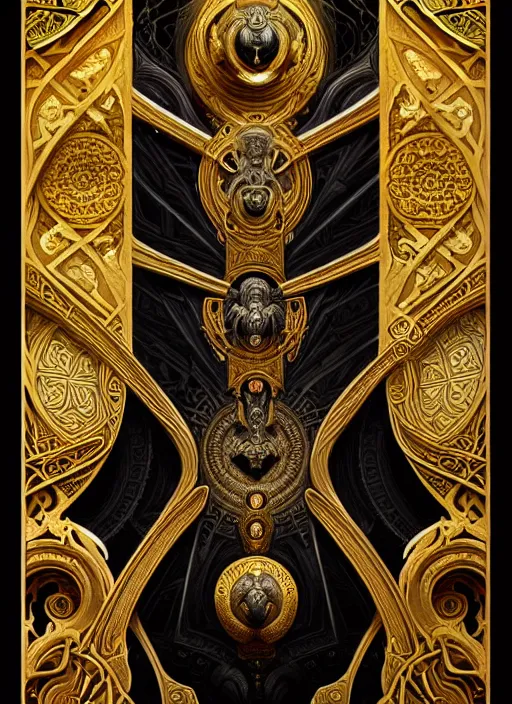 Prompt: sacred sarcophagus, ornate art nouveau scarabs, black and gold palette, symmetry, fantasy, intricate, elegant, highly detailed, colorful, dark colors, dramatic shadow, digital painting, artstation, concept art, art by artgerm and greg rutkowski and ruan jia,