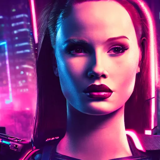 Image similar to madelaine petsch portrait, cyberpunk 2 0 7 7, cyberpunk judy alvarez, photorealistic, ultra detailed, neon, octane, bokeh, cinematic lighting, cyber, cyberpunk city, studio quality, feature, scars, cyberface, 8 k