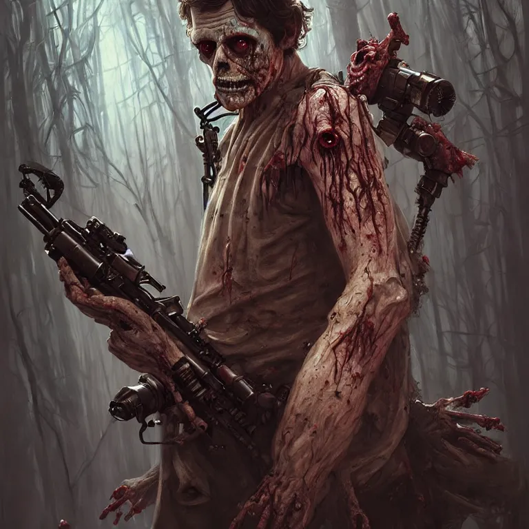 Prompt: scary horrific star wars, zombie han solo, dark fantasy, body horror, sores and scars, undead. highly detailed, biopunk, digital painting, by greg rutkowski, artgerm and alphonse mucha