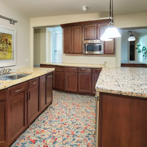 Image similar to a carpeted kitchen