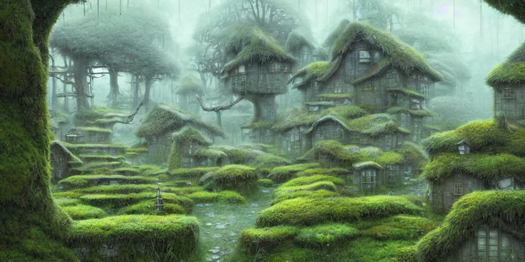 Prompt: a mossy village, dreamy, liminal space illustrated by miyazaki, hiroyuki kato, keisuke goto, highly detailed, concept art, illustration art