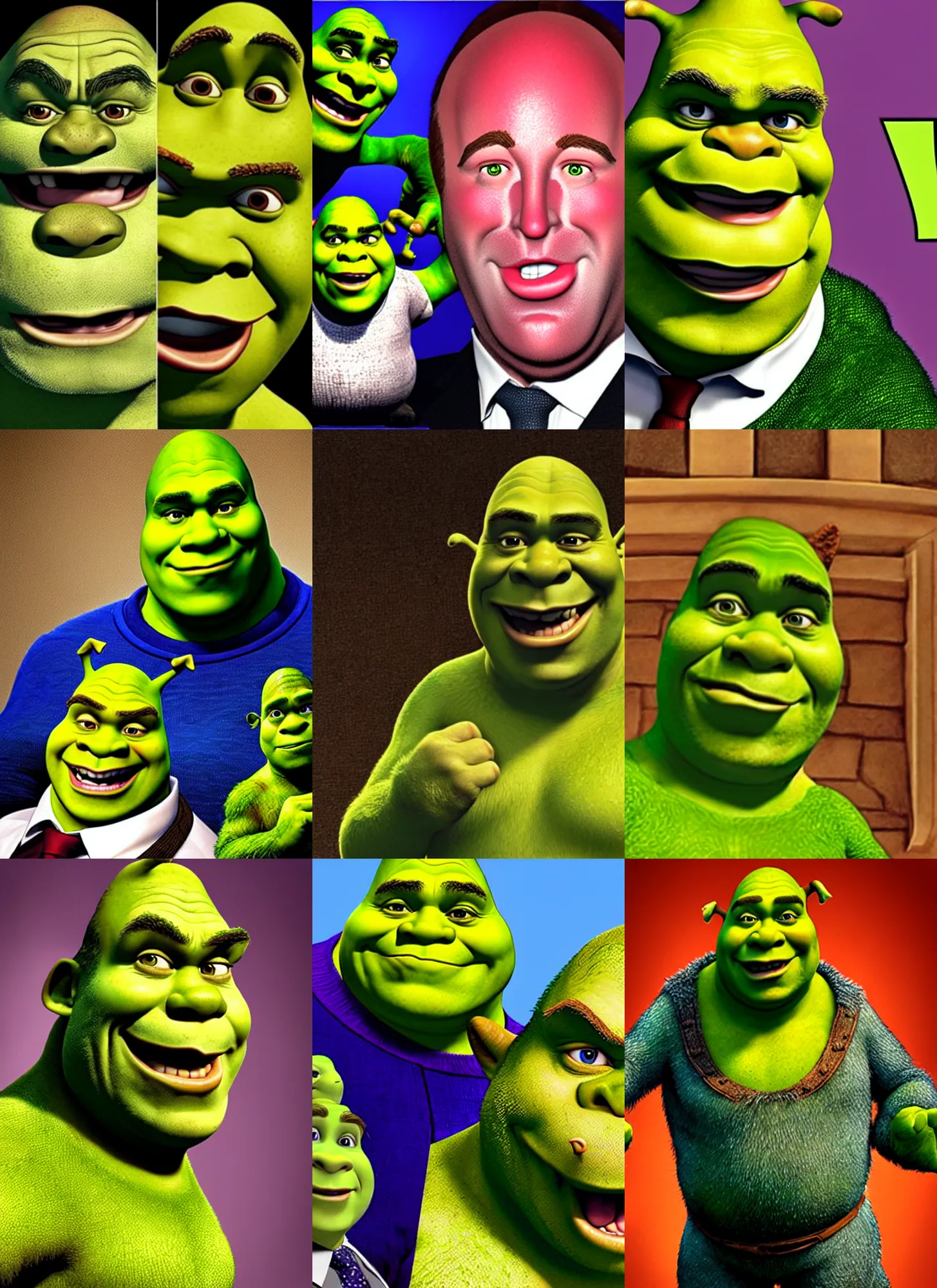 Prompt: shrek with alex jones face