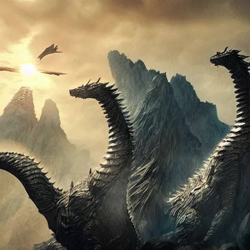 Prompt: ghidorah, majestic, breathtaking, lightining in background, ultrafine hyperrealistic detailed illustration by kim jung gi, irakli nadar, intricate linework, sharp focus, bright colors, matte, movie still from godzilla king of monsters, final fantasy, unreal engine highly rendered, 8 k, global illumination, radiant light, intricate environment