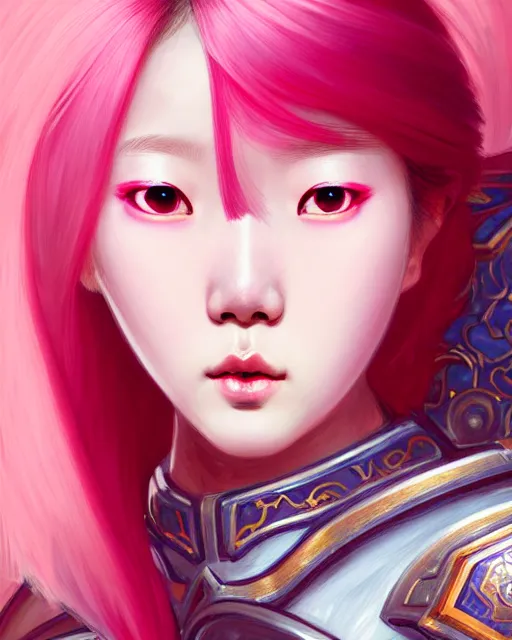 Image similar to Portrait of a korean girl with pink hair wearing a paladin armor with a red skirt and white top, face, fantasy, intricate, elegant, highly detailed, digital painting, artstation, concept art, smooth, sharp focus, illustration, art by Fernanda Suarez and Artem Demura and alphonse mucha