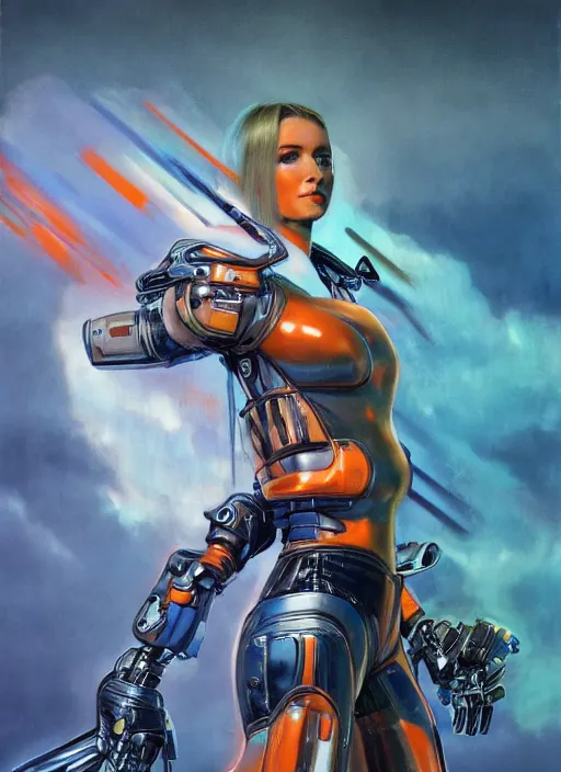 Prompt: symmetry!! dynamic pose! closeup portrait of a cyborg valkyree girl, fashion cyborg jumpsuit, shoulder pads, cinematic light, backlight, teal orange, volumetric clouds, by gerald brom, by mikhail vrubel, by peter elson, muted colors, extreme detail, trending on artstation, 8 k