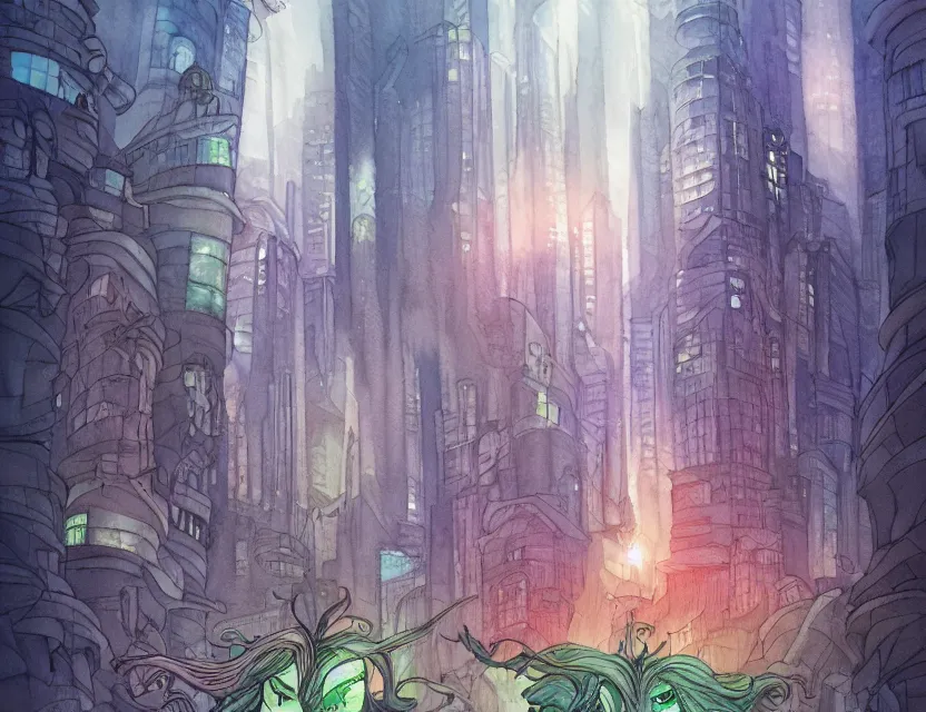Prompt: lost forest spirit in a metropolis. this watercolor painting by the award - winning comic artist has dramatic lighting, an interesting color scheme and great sense of depth.