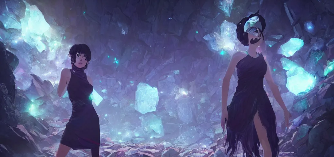 Image similar to Full body portrait of a Himalayan woman in a sleeveless dress,exploring a long sci fi cave with glowing crystals, dark colors, ominous, somber, detailed, by Studio trigger, wojtek fus, by Makoto Shinkai and Ilya Kuvshinov