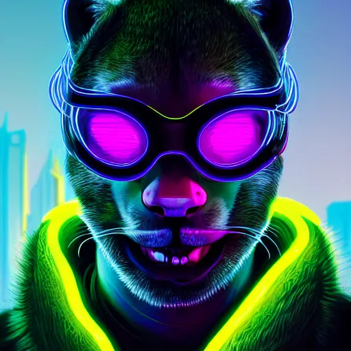 Prompt: a beautiful commission portrait of a male anthro cheetah wearing a neon jacket,futuristic,detailed face,mohawk,cyberpunk city,deviantart,artstation,art by greg rutkowski,ross tran,professional lighting,neon city,night,raytracing,highly realistic,4k,dramatic,hyperrealism,cinematic,low-angle ahot