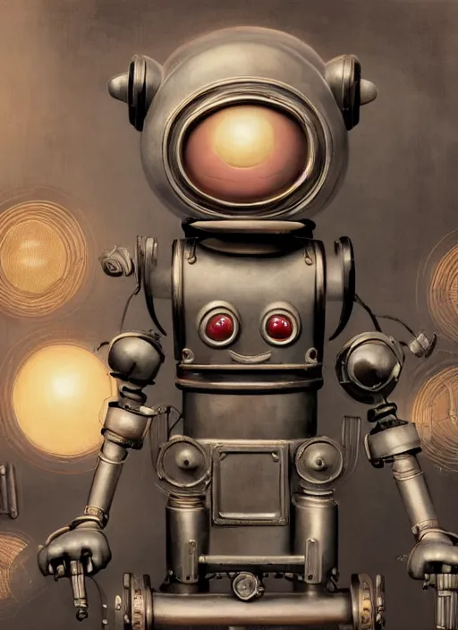 Prompt: highly detailed closeup, portrait of a 1 9 2 0 s retro toy robot, unreal engine, nicoletta ceccoli, mark ryden, earl norem, lostfish, global illumination, detailed and intricate environment