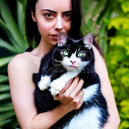 Image similar to a girl with long dark hair, her face is a mix between aubrey plaza, krysten ritter, lucy hale and maisie williams, she is holding a cat in her arms, a stock photo by juan villafuerte, pexels contest winner, high quality photo, rtx, hd, shiny eyes