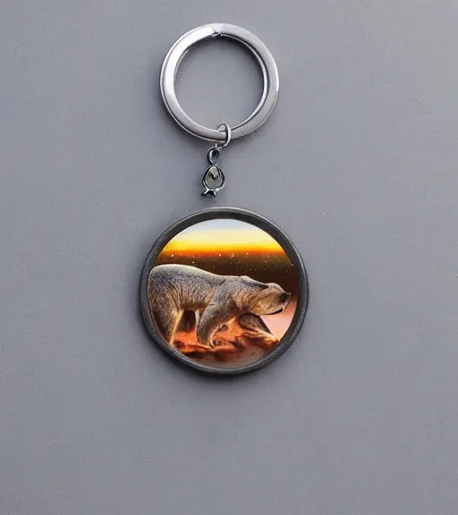 Image similar to keychain of a realistic bear eating a salmon under the northern lights