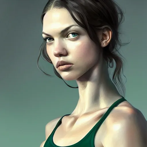 Prompt: a dark haired muscular musclebound hannah murray in a white tank top. highly detailed portrait, digital painting, sharp focus illustration, artstation hq. intricate, elegant. art by wlop and ross tran, medium shot, green iridescent