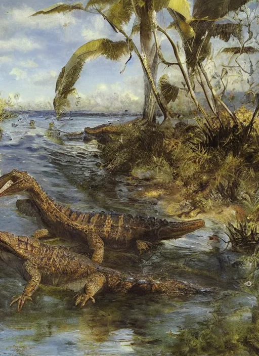 Prompt: artwork painting of florida alligators by eugene von guerard, ivan shishkin, john singer sargent