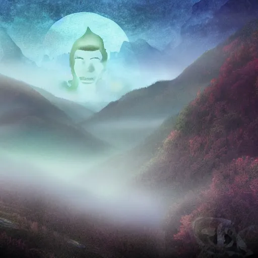 Image similar to ethereal god in a misty mountain valley, digital art