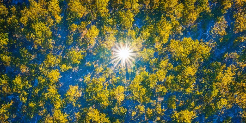 Prompt: view looking out over golden sunlit treetops with bright blue sky overhead, photograph, 4 k