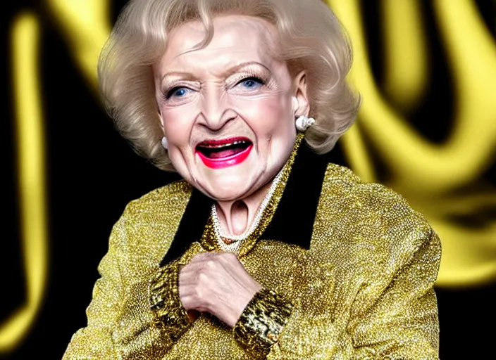 Image similar to publicity photo still of betty white as a gangsta rapper covered in gold chains, with grills in teeth and wearing a jumpsuit live on stage, 8 k, live concert lighting, mid shot