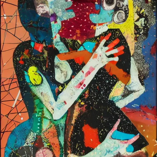 Image similar to two women kissing at a carnival on an alien planet, mixed media collage, retro, paper collage, magazine collage, acrylic paint splatters, bauhaus, abstract claymation, layered paper art, sapphic visual poetry expressing the utmost of desires by jackson pollock