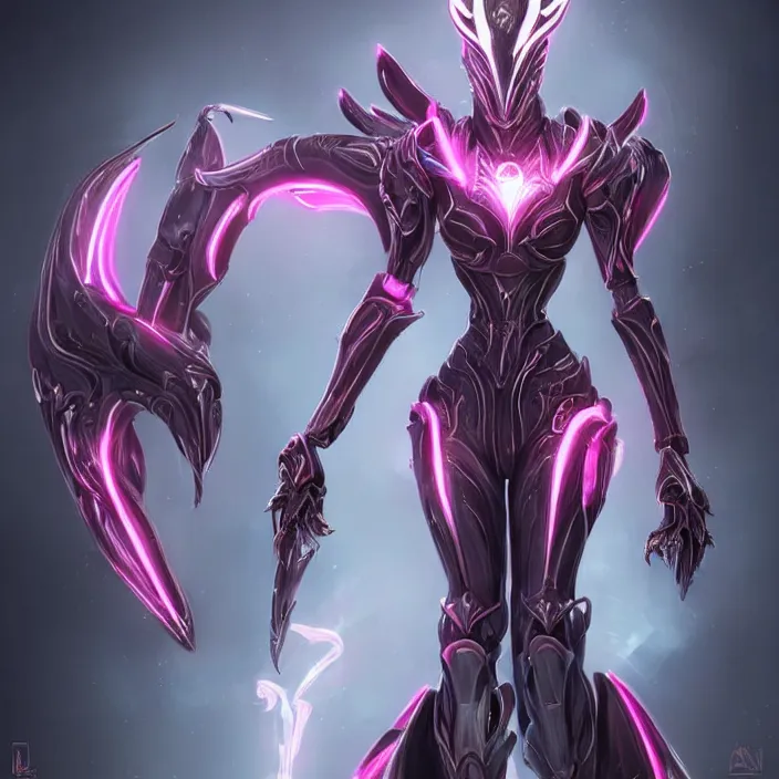 Image similar to highly detailed exquisite fanart, of a beautiful female warframe, but as a stunning anthropomorphic robot female dragon, standing elegantly with hand on hip, shining reflective off-white plated armor, slick elegant design, bright Fuchsia skin, sharp claws, full body shot, epic cinematic shot, realistic, professional digital art, high end digital art, DeviantArt, artstation, Furaffinity, 8k HD render, epic lighting, depth of field