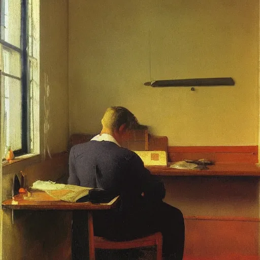 Prompt: some guy sitting in his small room looking at a computer screen. jamie wyeth greg rutkowski winslow homer thomas eakins lucian freud edward hopper j. m. w. turner edgar degas giorgio morandi peter doig oil painting