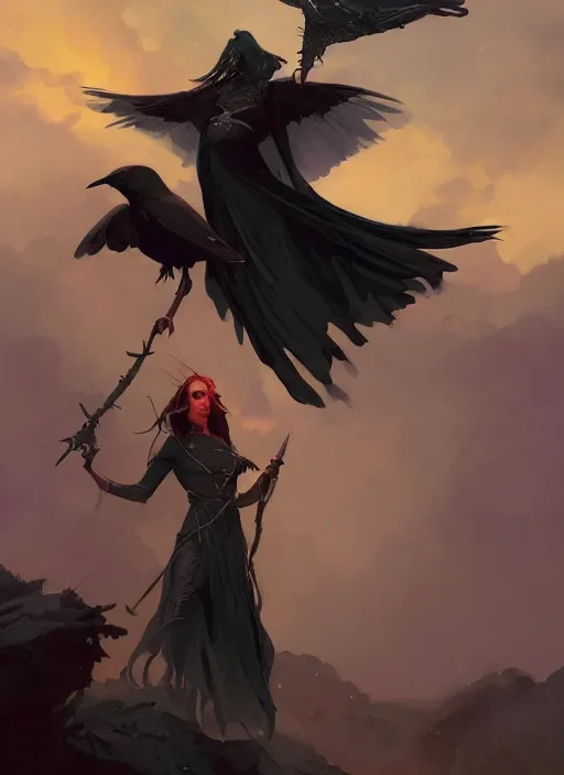 Image similar to hyper realistic photo of beautiful sorceress with a raven on her shoulder and a magic staff in her hand, full body, rule of thirds, conceptart, saturated colors, cinematic, greg rutkowski, brom, james gurney, mignola, craig mullins, artstation, cgsociety