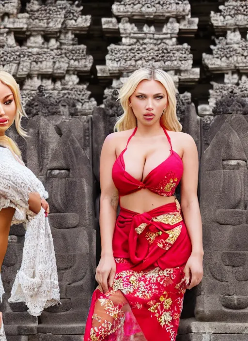 Image similar to portrait of lindsey pelas and scarlet johansson wearing kebaya in bali temple, by charlotte grimm, natural light, detailed face, beautiful features, symmetrical, canon eos c 3 0 0, ƒ 1. 8, 3 5 mm, 8 k, medium - format print, half body shot