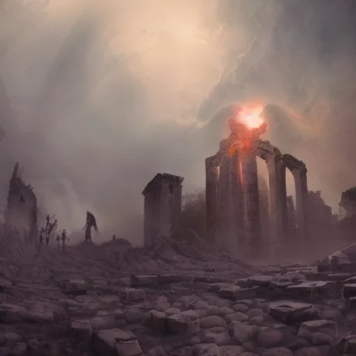 Image similar to Giant smoke monster coming out of the ground, thick swirling smoke, Nyarlathotep, Tentacles, mist, dramatic lighting, Byzantine ruins, surrounded by priests, desert, cinematic, trending on artstation