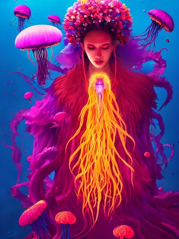 Prompt: super vibrant and contrast fancy portrait of a queen of death giant floating flower and jellyfish by Greg Rutkowski, Sung Choi, Mitchell Mohrhauser, Maciej Kuciara, Johnson Ting, Maxim Verehin, Peter Konig, Bloodborne, beeple, 8k photorealistic, cinematic lighting, HD, high details, atmospheric , trending on artstation. made in Maya, Blender and Photoshop, octane render, excellent composition, cinematic dystopian brutalist atmosphere, dynamic dramatic cinematic lighting, aesthetic, very inspirational vibrant colors, gloomy mood. Greg Rutkowski, Ilya Kuvshinov, WLOP, Stanley Artgerm Lau, Ruan Jia and Fenghua Zhong. high contrast