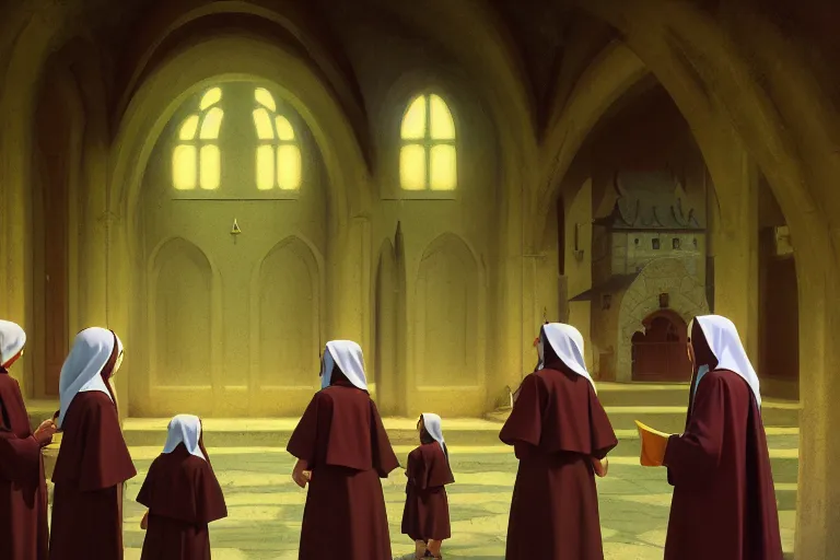 Image similar to baroque oil key visual environment concept art of nuns preaching to children at a world heritage monastery year 1 2 0 0, brutalist, dark fantasy, rule of thirds golden ratio, fake detail, trending pixiv fanbox, acrylic palette knife, style of makoto shinkai studio ghibli genshin impact jamie wyeth james gilleard greg rutkowski chiho aoshima