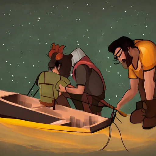 Image similar to hearthian and nomai building a boat together, outer wilds fanart