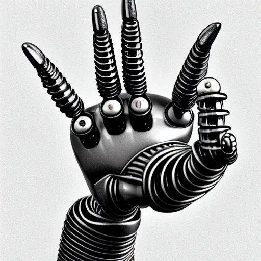 Image similar to robot hand drawing robot hand, by tony diterlizzi, tim burton, hr giger, ilford hp 5, 5 5 mm, machinecore by artgerm, 3 d render, gothcore, beeple, joseph leyendecker, carlo carra