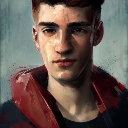 Image similar to Portrait of a man by Greg Rutkowski, he is about 20 years old, copper short hair, his features are a mix between Scottish and Arabian, strong and tall, older brother vibes, he is wearing utilitarian red and black jumpsuit, highly detailed portrait, digital painting, artstation, concept art, smooth, sharp foccus ilustration, Artstation HQ.