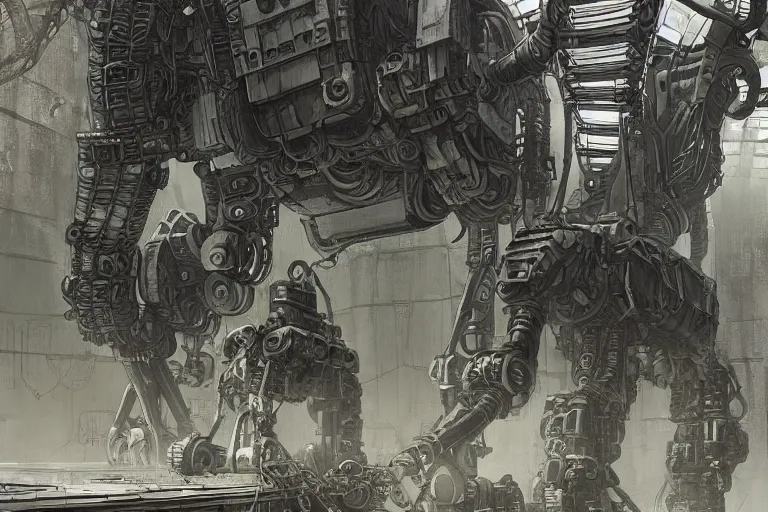 Image similar to dieselpunk mechs that look like Dragonfly, inside an gigantic underground concrete doom hangar, interior structure, drains, storm drains, jungle, vines, algea, cables, panels, walls, ceiling, floor, doors, brutalist architecture, intricate ink drawing, highly detailed in the style of Ashley Wood, moebius and Tsutomu Nihei, photorealistic, cinematic, intricate detail, well lit,