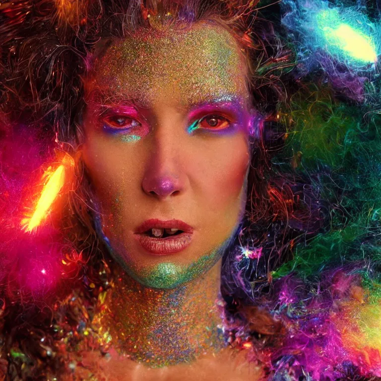 Prompt: 1 9 7 0's octane render portrait by wayne barlow and carlo crivelli and glenn fabry, the face of a beautiful woman wearing dramatic colorful iridescent glittery facepaint surrounded by colorful smoke and explosions and chunks of rock rubble, volumetric lighting and light rays, cinema 4 d, ray traced lighting, very short depth of field, bokeh