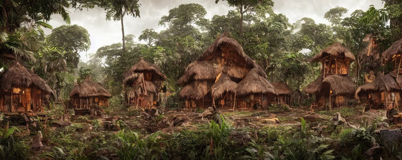 Prompt: an intricate concept art of a tribal houses in the middle of the amazon rainforest, artstation, sci - fi, hyper realistic, concept art, art by dylan cole, cinematic lighting, octane render