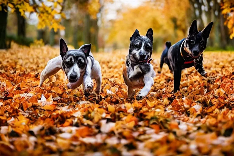 Image similar to dogs running towards the camera while breaking through a pile of autumn leaves