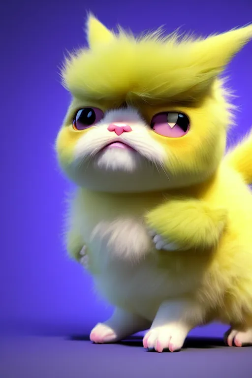 Image similar to high quality 3 d render hyperrealist very cute multipastel fluffy! grumpy griffin cat hybrid with fluffy wings!, vray smooth, in the style of detective pikachu, hannah yata charlie immer, dramatic yellow light, low angle, uhd 8 k, sharp focus