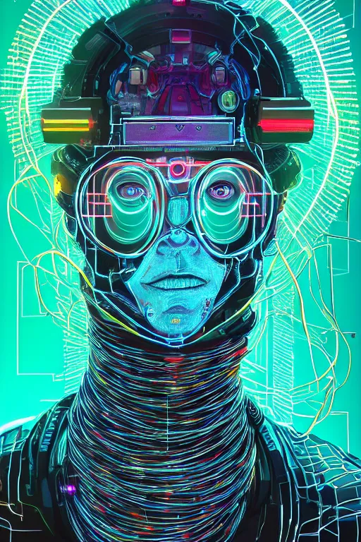 Image similar to stunning highly detailed portrait of a neuromancer billy gaat with cyber headgear surrounded by wires, neon colors, oil on canvas, strong lighting, by Josan Gonzalez, HD, 4K