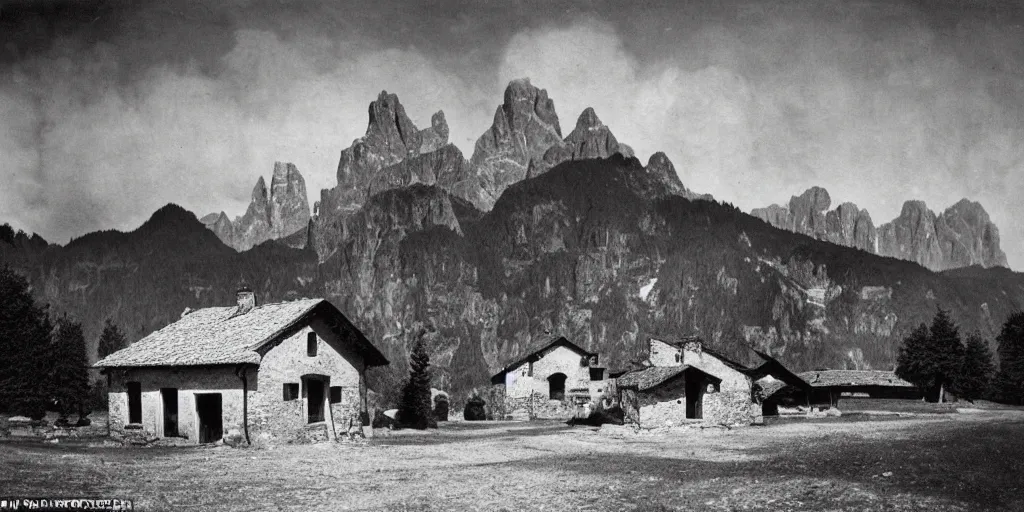 Image similar to 1920s photography of an isolated old village with ghostly wood buildings in the dolomites