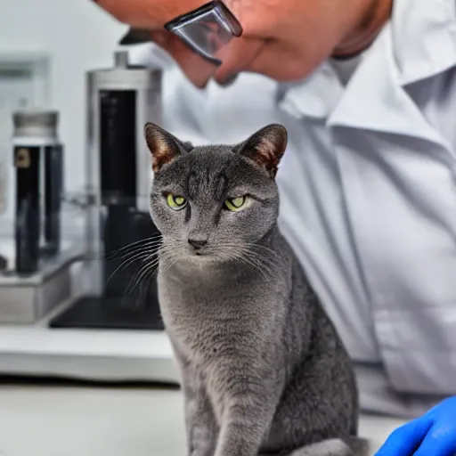 Prompt: a grey cat in a biology lab with a lab coat