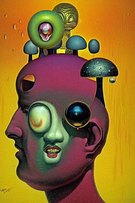 Image similar to 8 0 s art deco close up portait of mushroom head with big mouth surrounded by spheres, rain like a dream oil painting curvalinear clothing cinematic dramatic cyberpunk fluid lines otherworldly vaporwave interesting details epic composition by basquiat zdzisław beksinski james jean artgerm rutkowski moebius francis bacon gustav klimt