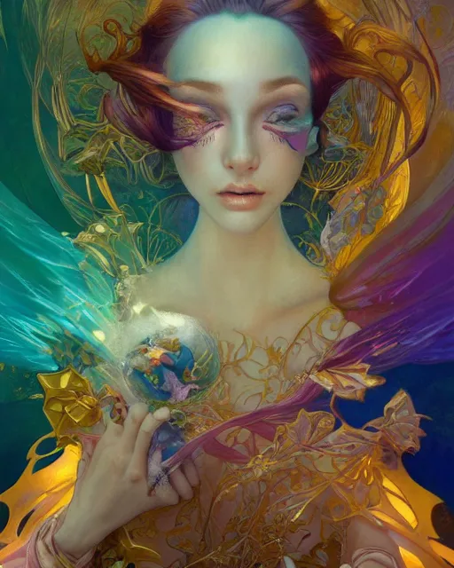 Image similar to the most wonderful fairy dream you ever had, coherent design, symmetry, concept art, trending on artstation vivid color, complementary color, golden ratio, detailed, sharp lines, intricate, rainbowshift, by james gurney, by brian froud, by peter mohrbacher, by alphonse mucha, by maxfield parrish, by karol bak, deviantart, octane render