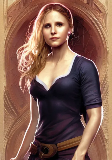 Image similar to kristen bell as buffy the vampire slayer, intricate, elegant, highly detailed, digital painting, artstation, concept art, smooth, sharp focus, illustration, art by artgerm and greg rutkowski and alphonse mucha and william - adolphe bouguereau