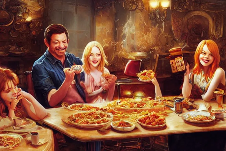 Prompt: emma stone having a spaghetti dinner with michael berryman, an oil painting by ross tran and thomas kincade